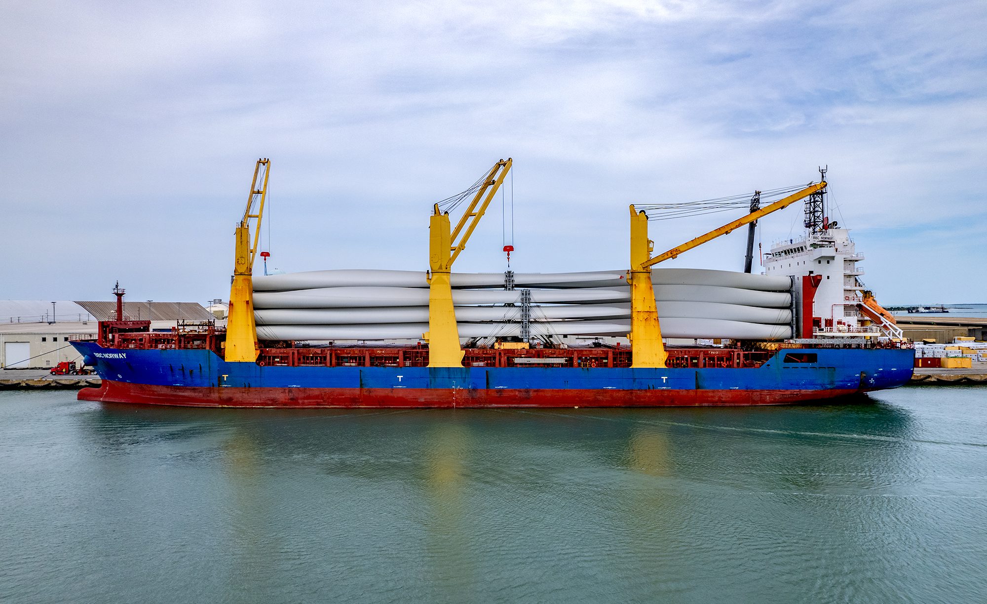 Wind turbine components are shown aboard the 528-foot-long BBC Norway at the North Carolina Port of Morehead City. Photo: Dylan Ray