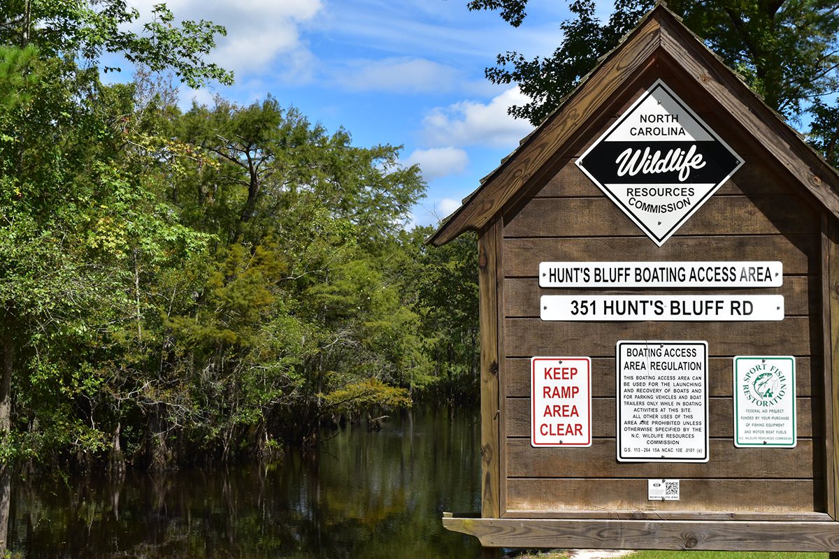 A sign marks a boating access area in the Black River Nature Preserve. Photo: ncwetlands