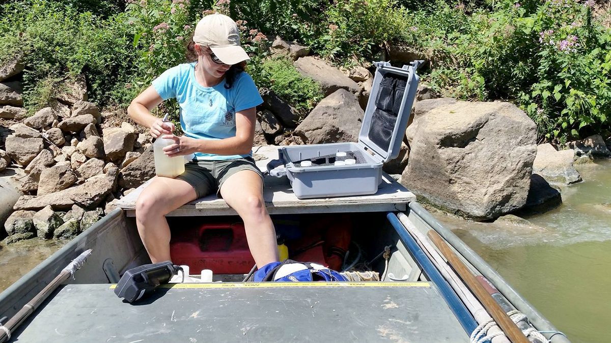 Madi Polera, a Ph.D. candidate attending North Carolina State University, takes water samples and physical measurements for cyanobacteria upstream of Lock and Dam #1 in the Cape Fear River in 2015. Photo: Contributed
