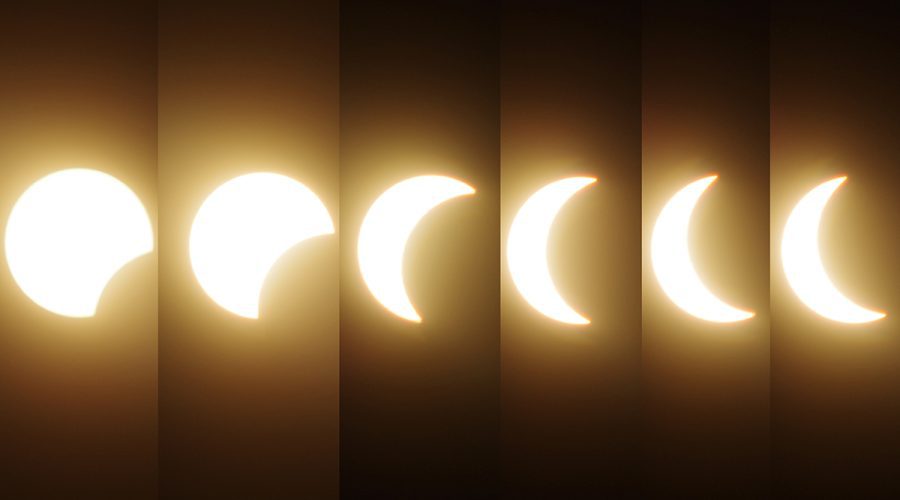 The North Carolina coast, while far from the path of totality, was treated to a stellar event Monday, nonetheless. The sequence above shows the moon transiting between the sun and Earth from about 2:16 p.m. at the far left until maximum coverage at about 3:18 p.m., as viewed from the Morehead City area. Photo sequence: Mark Hibbs