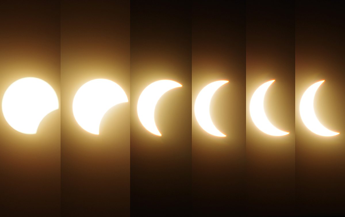 The North Carolina coast, while far from the path of totality, was treated to a stellar event Monday, nonetheless. The sequence above shows the moon transiting between the sun and Earth from about 2:16 p.m. at the far left until maximum coverage at about 3:18 p.m., as viewed from the Morehead City area. Photo sequence: Mark Hibbs