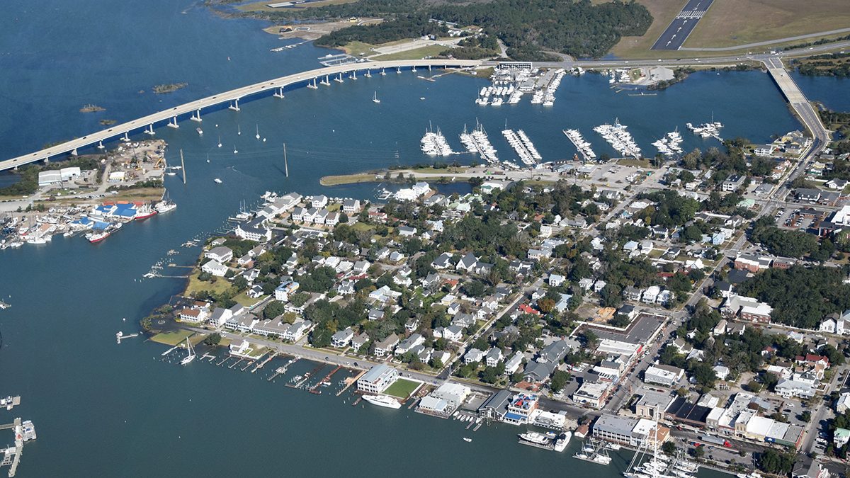 Downtown Beaufort is shown during a king tide inundation, Nov. 8, 2021, including Taylors Creek in the foreground and Town Creek at the center to upper right. Photo: Mark Hibbs/Southwings