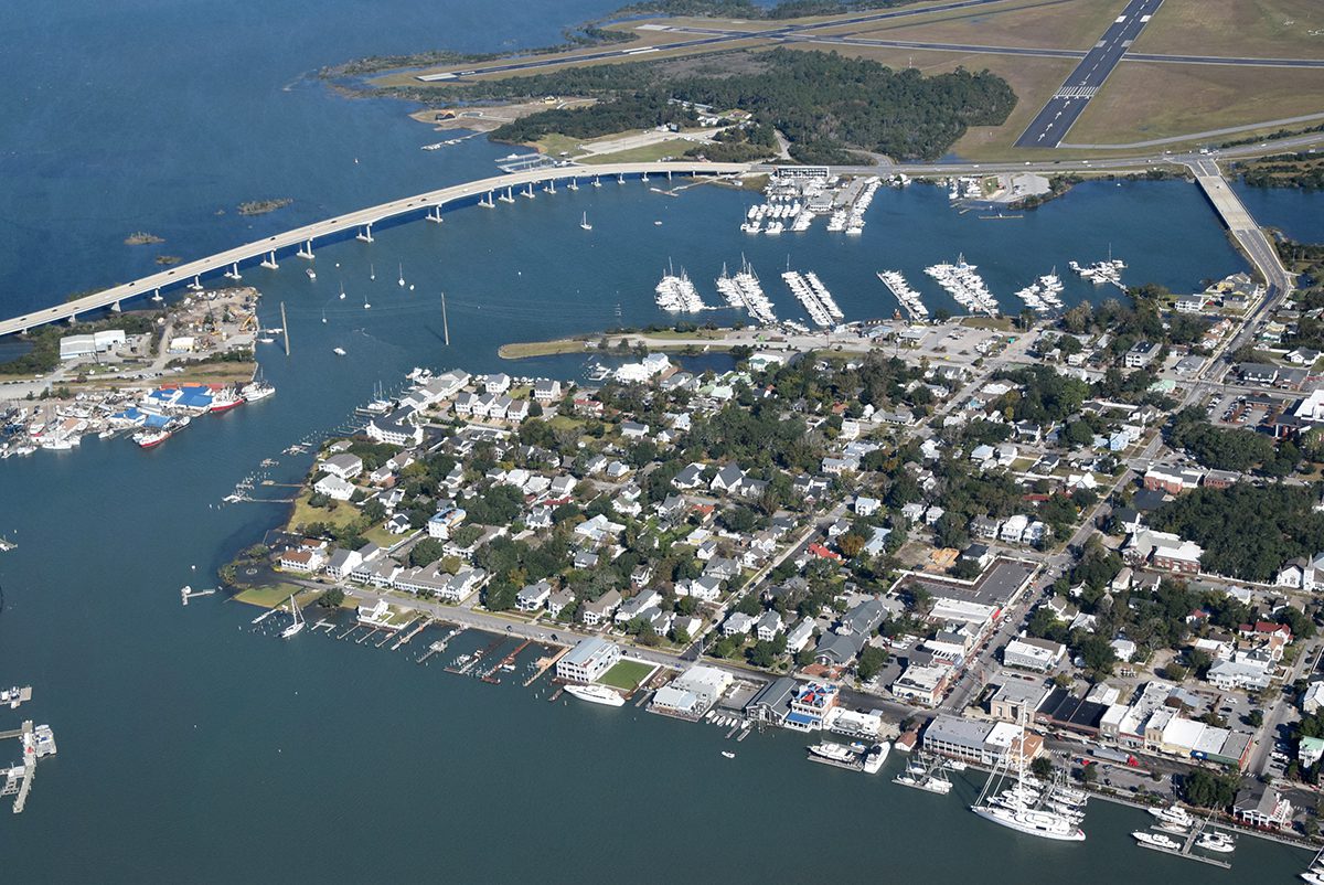 Downtown Beaufort, including Taylors Creek in the foreground, is shown during a king tide inundation, Nov. 8, 2021. Photo: Mark Hibbs/Southwings