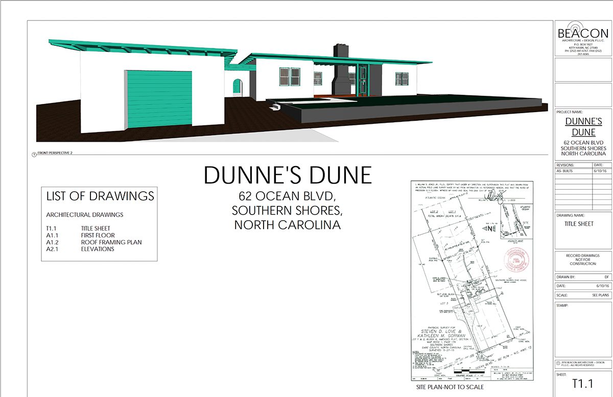 Elevation rendering and floor plan of Dunne’s Dune, which was demolished in 2016. Courtesy of Beacon Architecture + Design
