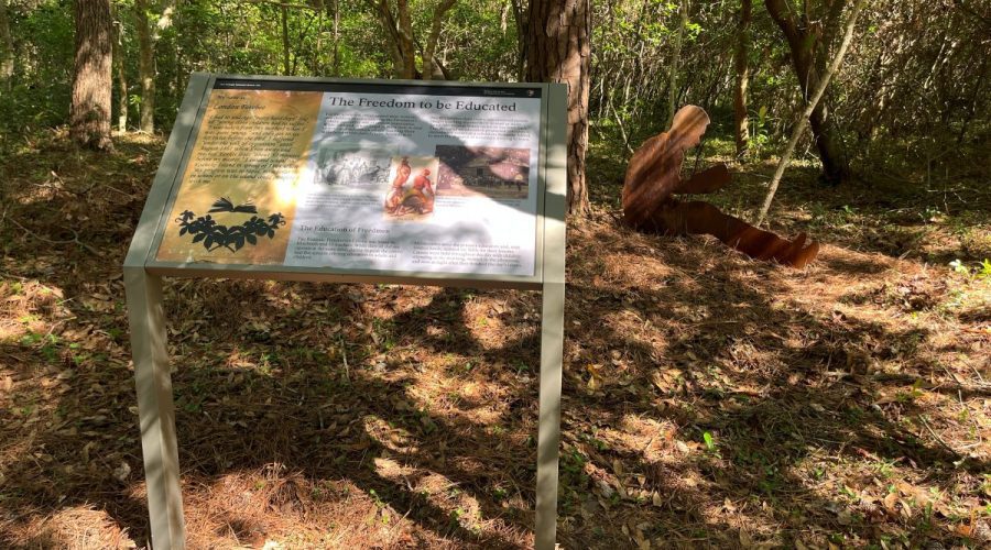 Photo of a new educational sign and silhouette located along Fort Raleigh National Historic Site’s Freedom Trail. Photo: National Park Service