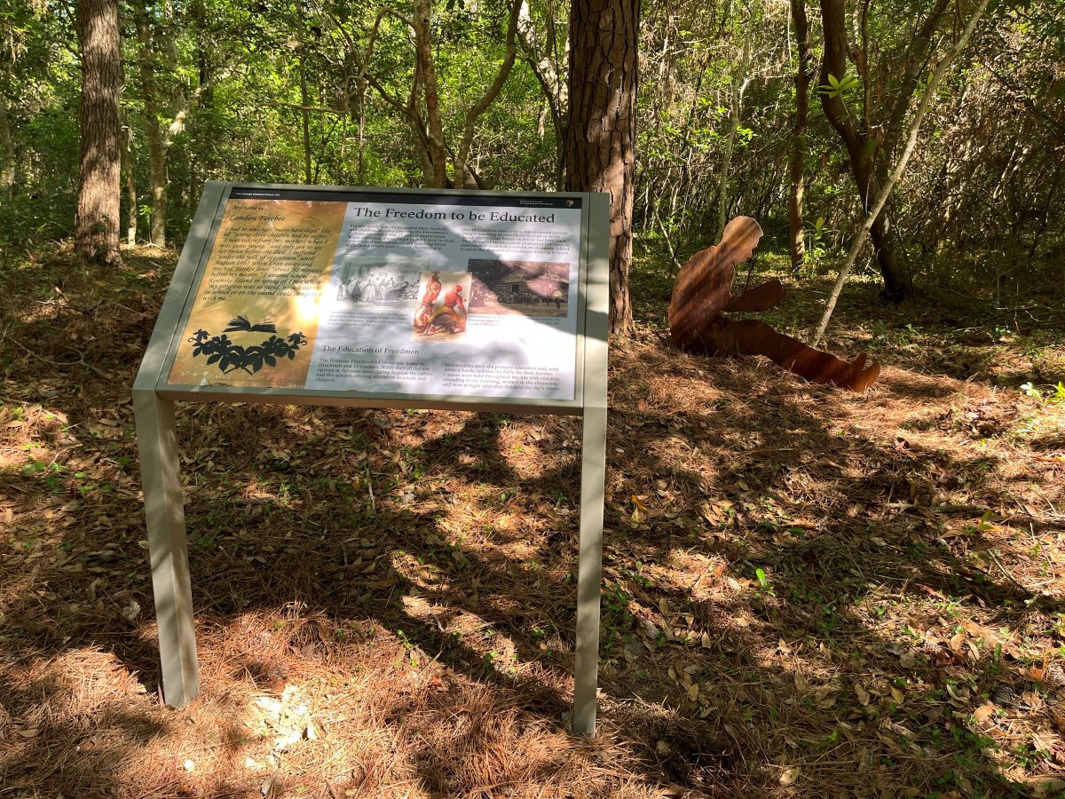 Photo of a new educational sign and silhouette located along Fort Raleigh National Historic Site’s Freedom Trail. Photo: National Park Service
