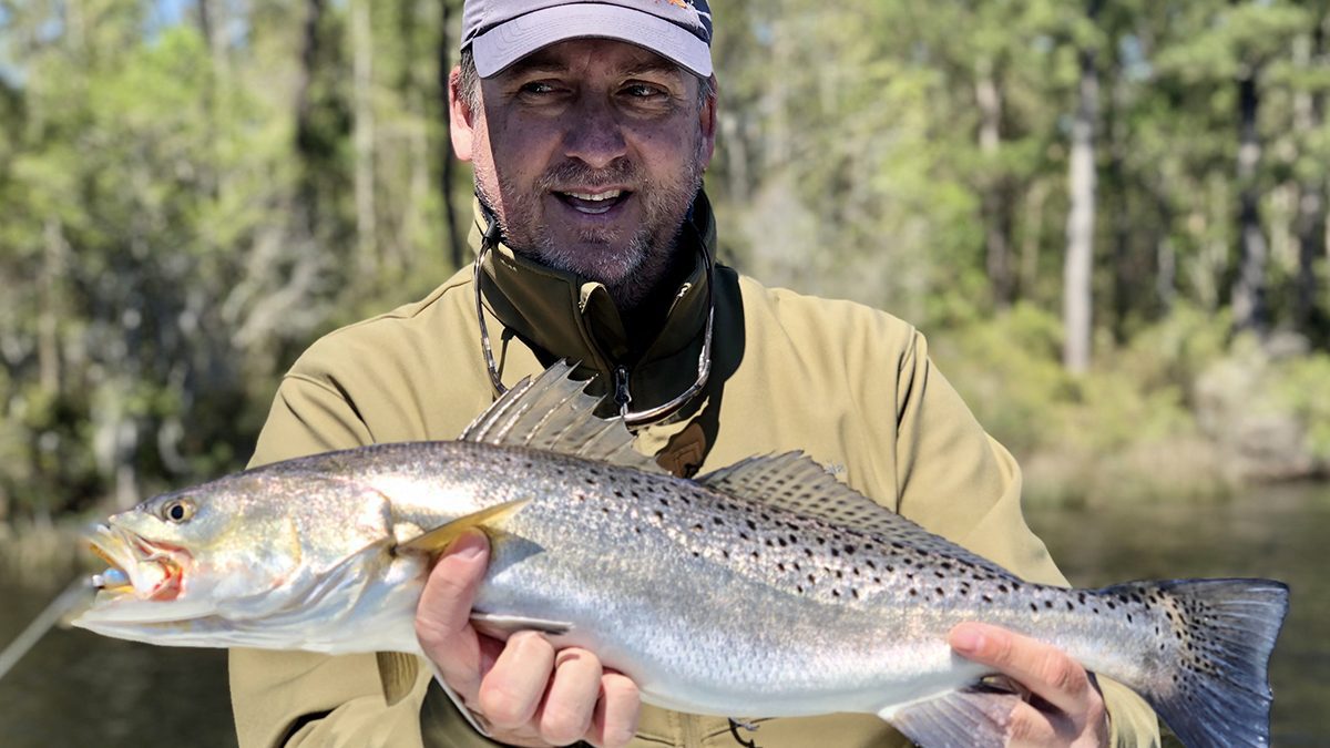 This 7-pound trout was caught in an unnamed creek on small, slender, plastic-tailed ¼-oz jig. Photo: Gordon Churchill