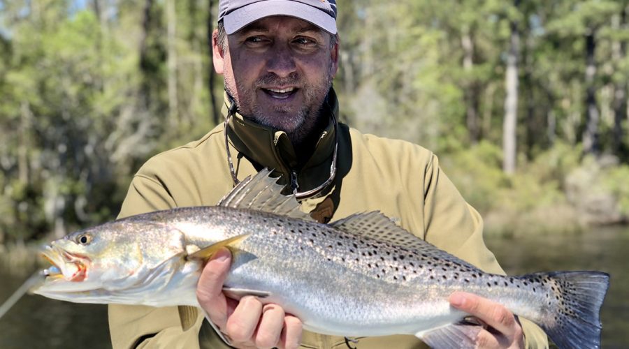 This 7-pound trout was caught in an unnamed creek on small, slender, plastic-tailed ¼-oz jig. Photo: Gordon Churchill