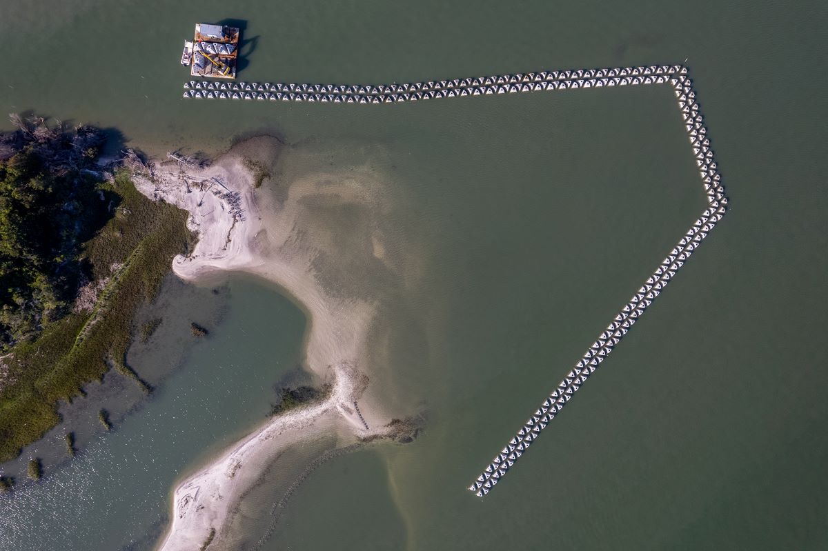 Another view from above shows wave attenuators in place around the west side of Sugarloaf Island. Photo: Dylan Ray