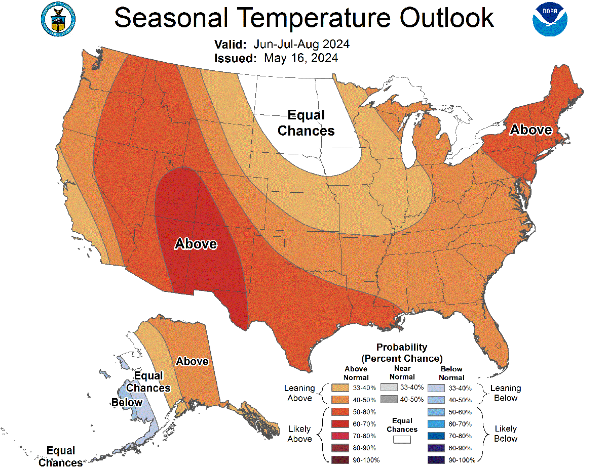NOAA's seasonal temperature outlook for June-August. 