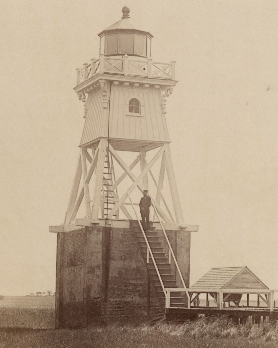 Back of Oak Island Range Light on Oak Island, 1893. Source: Records of the U.S. Coast Guard (RG 26), National Archives at College Park (No. 45698270)
