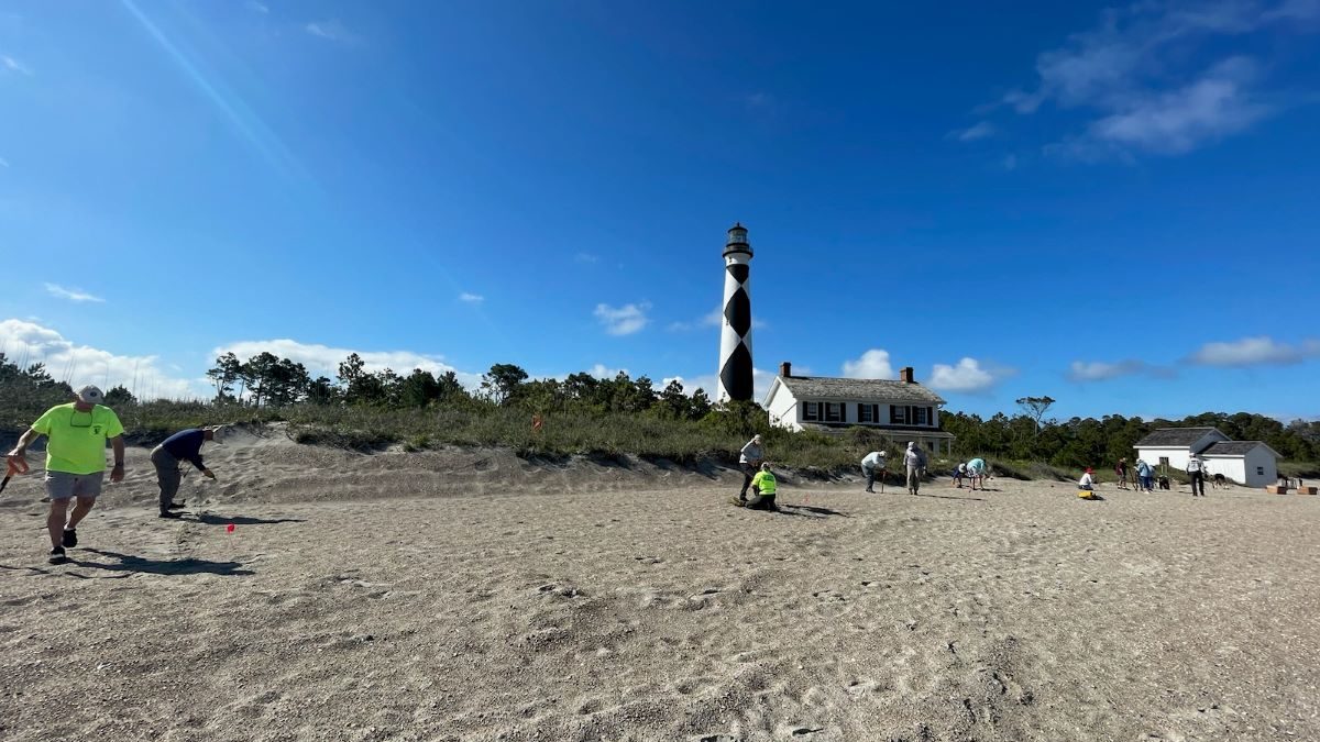 Volunteers plant dune grass in mid-May on the Cape Lookout Lighthouse beachfront, which has had about 30,000 cubic yards of dredge sand added over the last few months. Photo: Sabrina Godin/NPS
