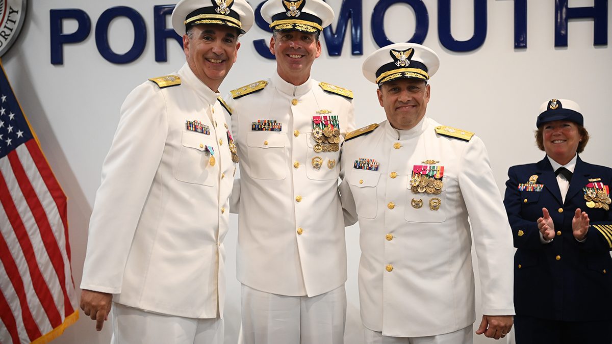 From left, Rear Adm. Shannon Gilreath, Vice Adm. Nathan Moore, commander of Coast Guard Atlantic Area, and Rear Adm. John “Jay” Vann pose Wednesday during the 5th District change-of-command ceremony at Coast Guard Base Portsmouth, Virginia. Photo: Petty Officer 2nd Class Ryan L. Noel