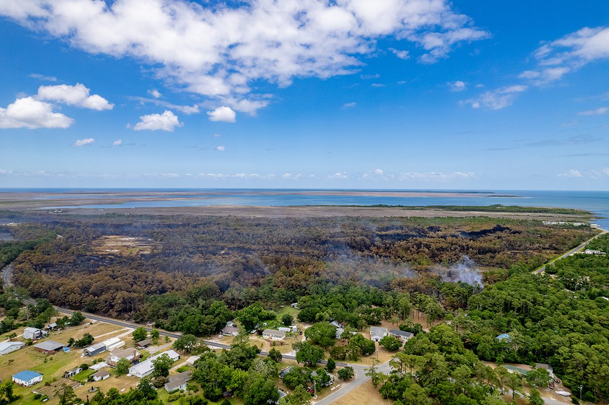 This aerial view shows the scorched area of the Morris Marina Road fire in Atlantic in Carteret County as it appeared Thursday. Photo: Dylan Ray