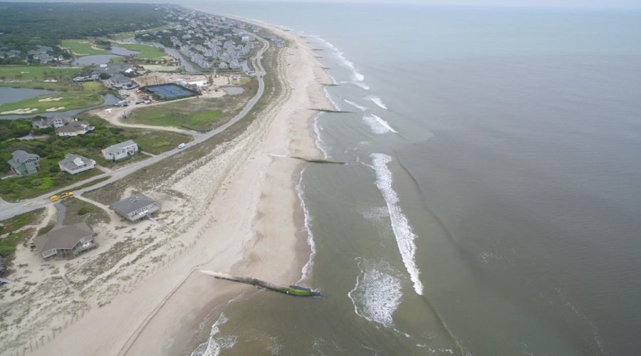 The Bald Head Island groin field consists of 13 sand-filled geotextile tubes extending seaward from the beach. Photo: Village of Bald Head Island