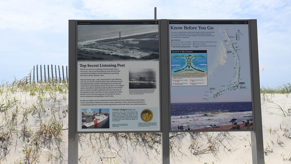 A sign provides historical information about the former Naval and later Coast Guard facilities that operated at Buxton. Photo: Corps