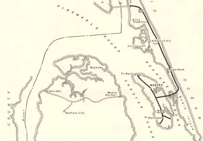 Mashoes and its neighbors, including the Outer Banks, the Alligator River (far left), Albemarle Sound, Croatan Sound, and Roanoke Island. The unmarked body of water just west of Mashoes is East Lake. Detail of Map of Dare County, N.C., ca. 1940 (Federal Writers’ Project), State Archives of North Carolina

