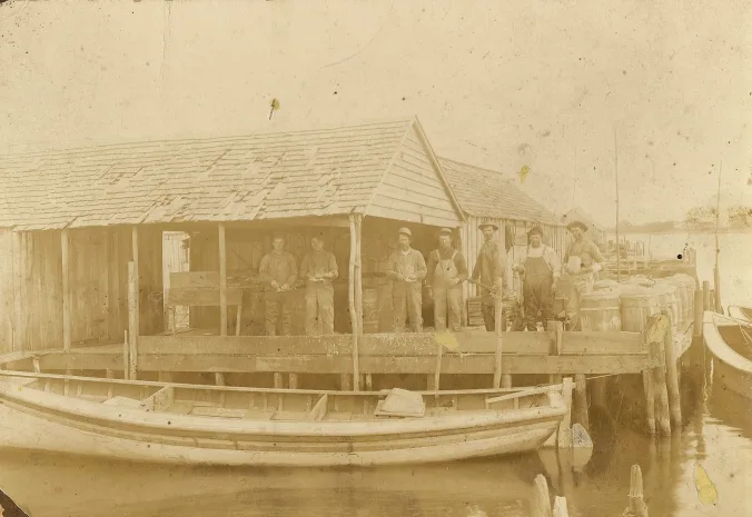 A fish camp on Mashoes Creek, with a shad boat tied up to the dock, undated. According to shad boat authority Earl Willis (with whom I shared the photo), the boat’s tuck indicates it was built as a power boat, not converted from sail, so that it had to have been built in the 1910s or ’20s, after the advent of gasoline motors. The photo, then, was taken in that period at the earliest. From the Randall Holmes Collection (AV-5255-144), Outer Banks History Center

