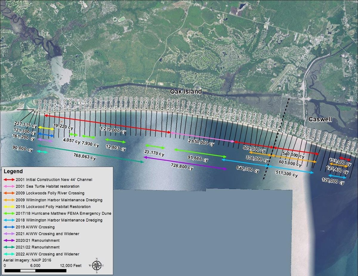 This graphic from the town's website shows the timing, locations and sand amounts in cubic yards of all Oak Island beach nourishment efforts dating back to 2001.