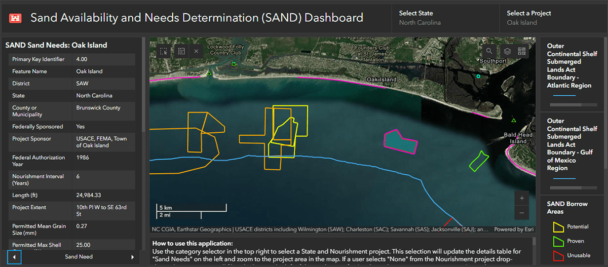 This screenshot of the Sand Availability and Needs Determination Dashboard shows the assessment for Oak Island in Brunswick County.