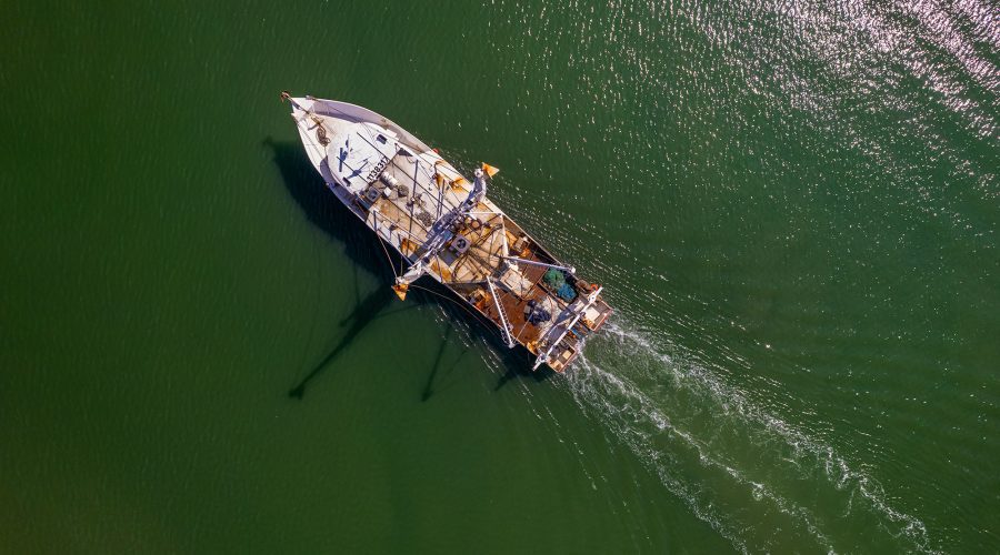 A commercial fishing trawler glides over the shallow waters of Gallants Channel near Pivers Island in Beaufort. Photo: Dylan Ray