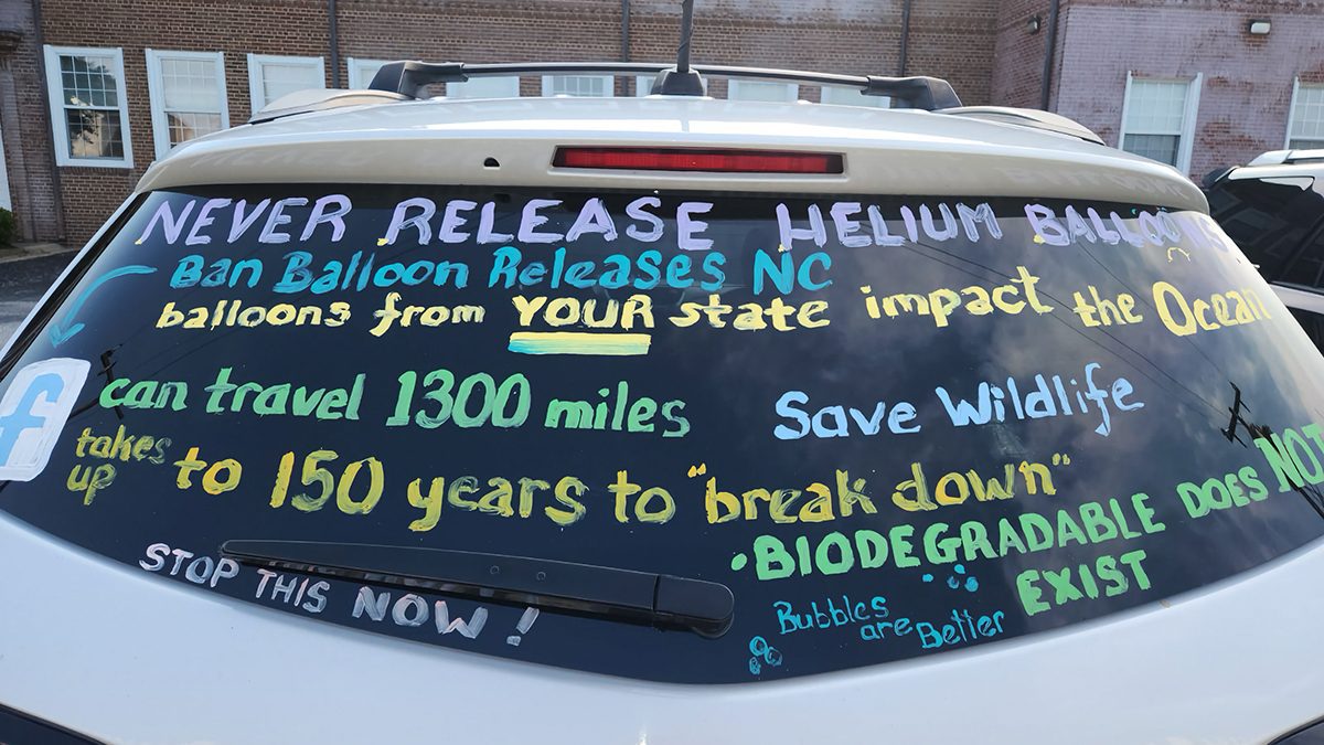 Debbie Swick uses her car to spread the word about balloons and the perils they pose to marine life. Photo: Contributed