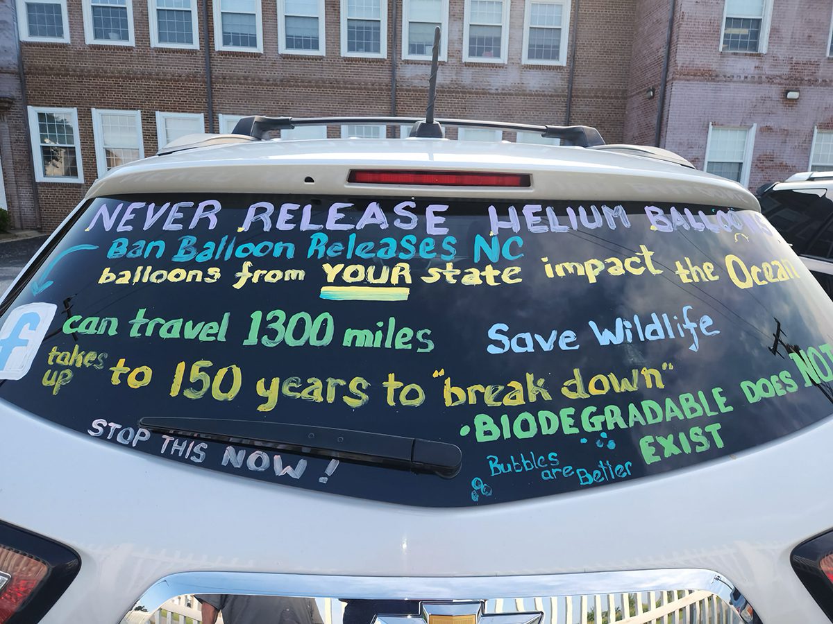 Debbie Swick uses her car to spread the word about balloons and the perils they pose to marine life. Photo: Contributed