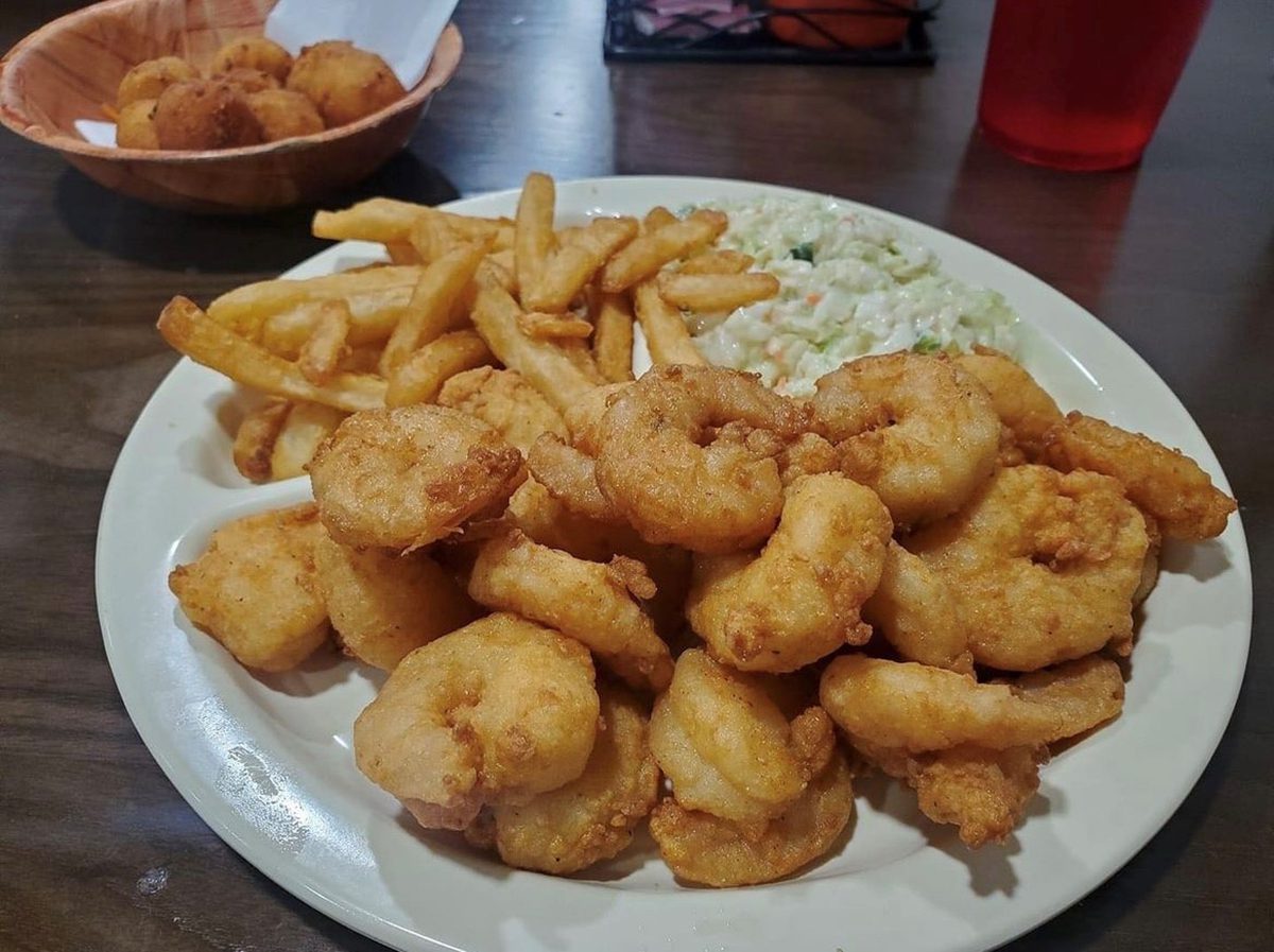 A classic fried shrimp platter with fries and slaw on a meat-and-two plate at Riverview Café in Sneads Ferry. Photo: Contributed