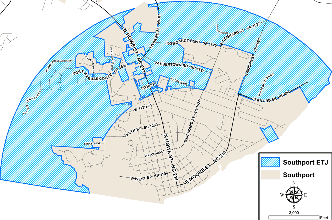 This map of former Southport extraterritorial planning jurisdiction was provided by Brunswick County.