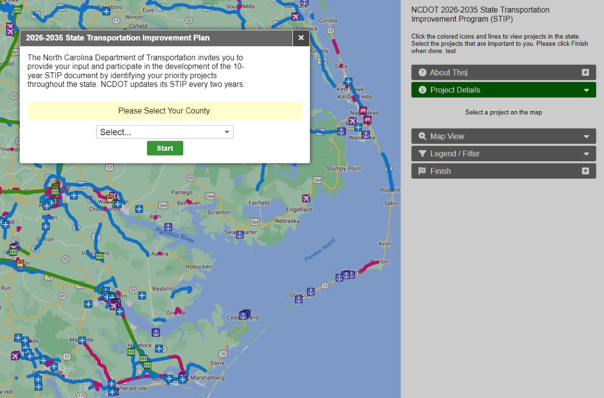 Screenshot of 
2026-2035 State Transportation Improvement Plan online survey through the North Carolina Department of Transportation.