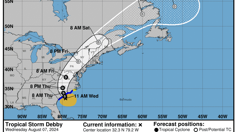 The 11 a.m. briefing graphic on Tropical Storm Debby provided by National Weather Service Newport/Morehead City office.