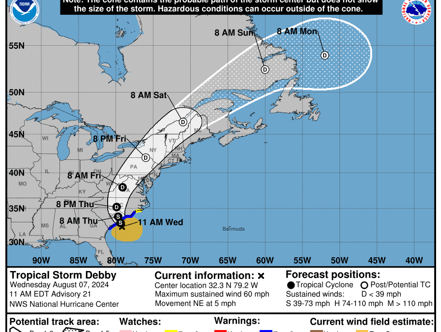 The 11 a.m. briefing graphic on Tropical Storm Debby provided by National Weather Service Newport/Morehead City office.