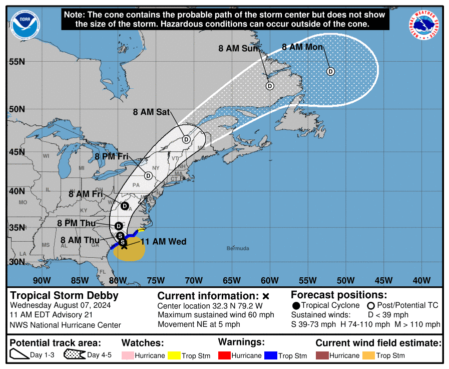 The 11 a.m. briefing graphic on Tropical Storm Debby provided by National Weather Service Newport/Morehead City office.