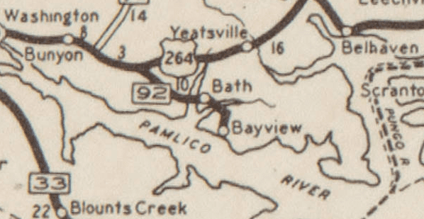 N.C. Highway 92 and Bayview are shown on a 1938 North Carolina highway map.