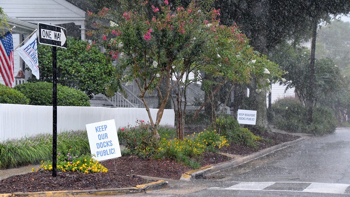 Signs reading "Keep Our Docks Public!" dot a rainy street in Beaufort Monday. Photo: Mark Hibbs