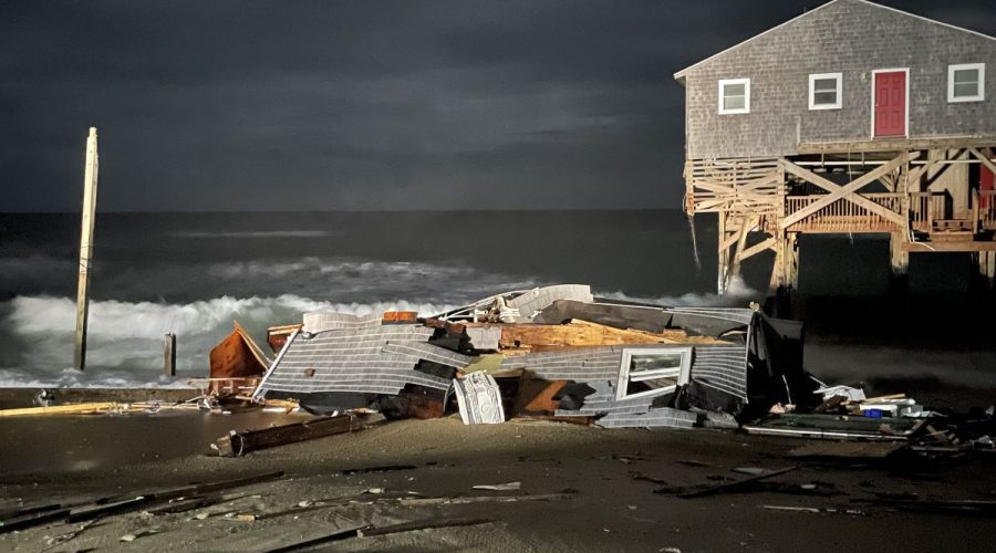 Early morning photo of debris associated with the collapsed house at 23001 G A Kohler Court, Rodanthe. Photo: National Park Service