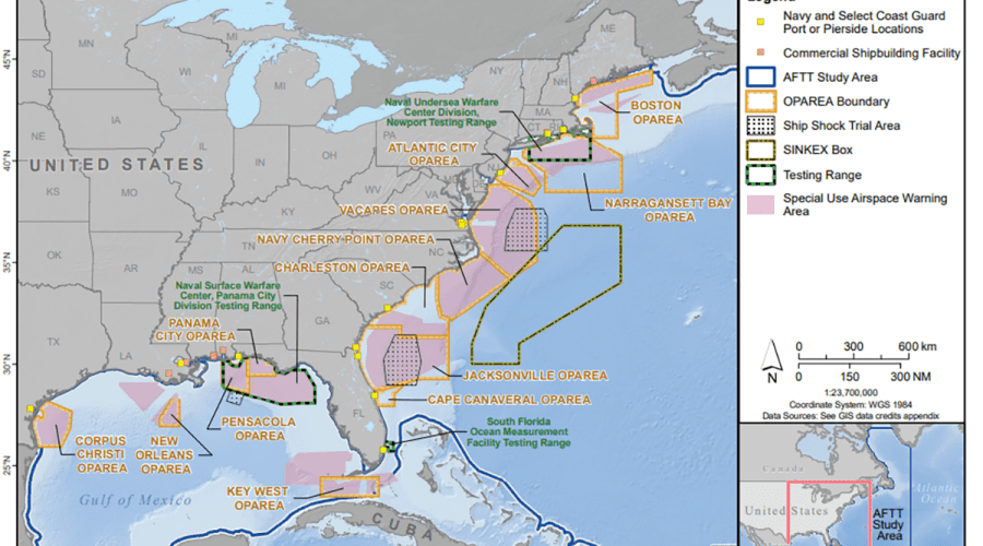 The Navy and Coast Guard propose to conduct training and research, development, testing, and other activities including the use of sonar and explosives within existing range complexes and testing ranges and additional areas located in the Atlantic Ocean along the East Coast, in portions of the Caribbean Sea, the Gulf of Mexico, at Navy pierside locations and port transit channels, near civilian ports, and in bays, harbors, and inland waterways, such as the lower Chesapeake Bay. Map: Navy