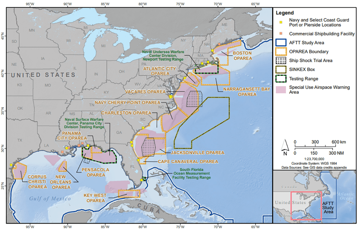 The Navy and Coast Guard propose to conduct training and research, development, testing, and other activities including the use of sonar and explosives within existing range complexes and testing ranges and additional areas located in the Atlantic Ocean along the East Coast, in portions of the Caribbean Sea, the Gulf of Mexico, at Navy pierside locations and port transit channels, near civilian ports, and in bays, harbors, and inland waterways, such as the lower Chesapeake Bay. Map: Navy