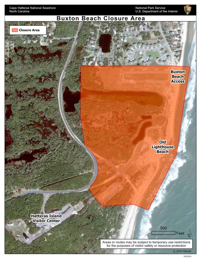 About 0.5 miles of beach in Buxton temporarily closed due to hazards. Map: National Park Service