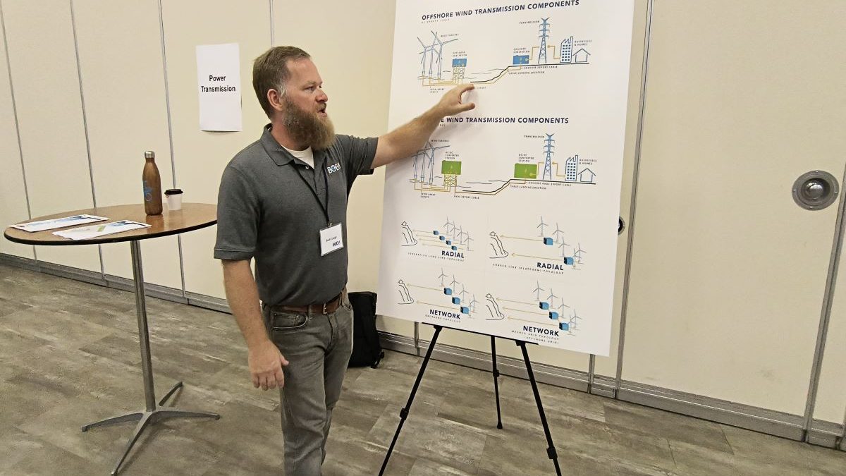 Bureau of Ocean Energy Management Renewable Energy Program Specialist Josh Gange explains how power is transmitted from offshore wind turbines to the shore at an open house Sept. 17 in Morehead City's Crystal Coast Civic Center. Photo: Jennifer Allen