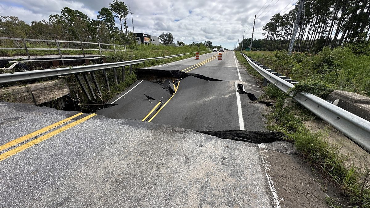 The Brunswick County Sheriff's Office on Tuesday posted this image of a washed out segment of N.C. Highway 211 near Southport.