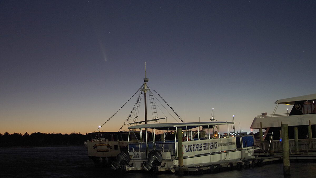 The faint tail of Comet Tsuchinshan-ATLAS pointing away from the setting sun is visible Sunday evening over Taylors Creek in Beaufort. NASA says the "dirty snowball's" appearance is "a once-in-80,000-years sight." The comet believed to be from the Oort Cloud at the edge of our Solar System was expected to swing close by at about 44 million miles from Earth -- its closest pass -- on Saturday. Discovered in 2023, it is named for both China’s Tsuchinshan, or Purple Mountain, Observatory and an Asteroid Terrestrial-impact Last Alert System, or ATLAS, telescope in South Africa. Photo: Mark Hibbs