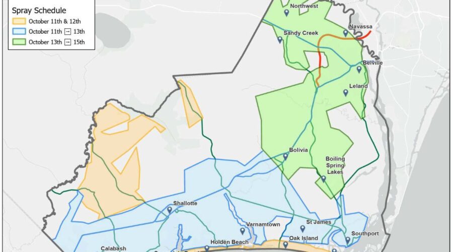 Aerial spraying schedule and map of planned routes for Brunswick County. Map: Brunswick County