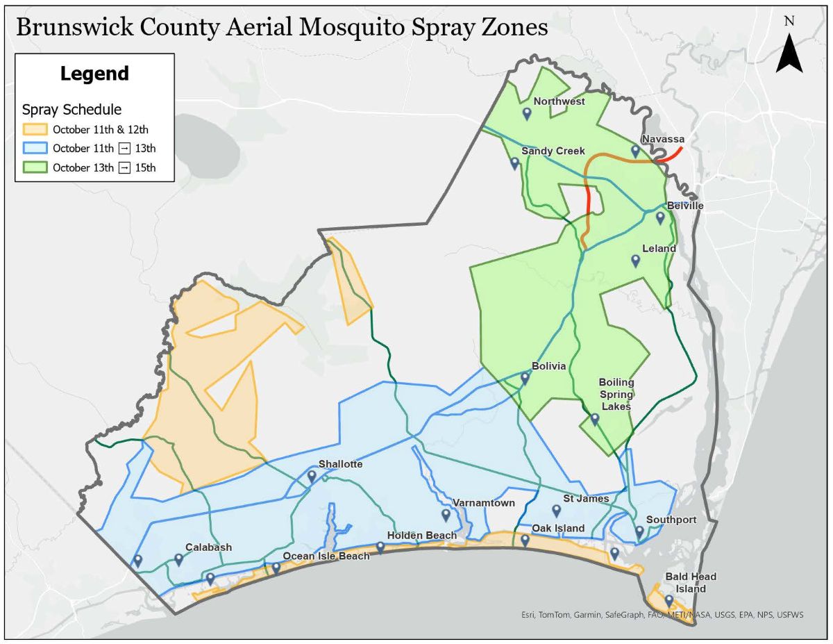 Aerial spraying schedule and map of planned routes for Brunswick County. Map: Brunswick County