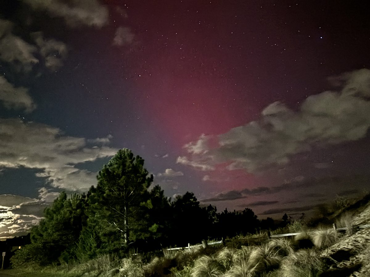 Aurora borealis, the result of an intense solar geomagnetic storm reaching Earth, lights up the skies over Jockey's Ridge State Park late Thursday evening. Photo: Catherine Kozak