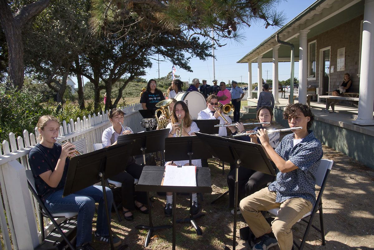 Cape Hatteras Secondary School Band perform patriotic music during the Chicamacomico Life-Saving Station 150th anniversary. Photo: Kip Tabb