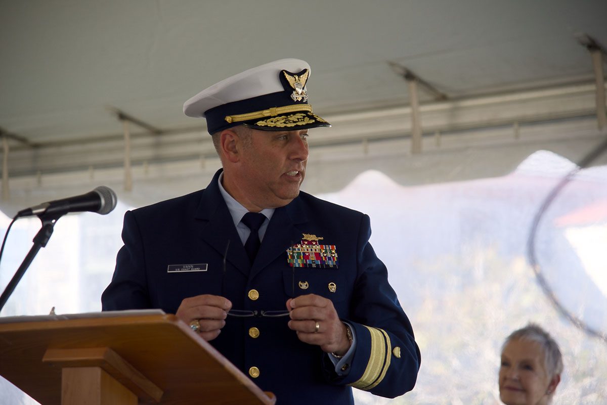 Rear Adm. John “Jay” Vann, commander of the Coast Guard’s Fifth District, addresses the about 80 in the audience Oct. 12 during a program commemoration the 150th anniversary the opening of the Chicamacomico Life-Saving Station. Photo: Kip Tabb