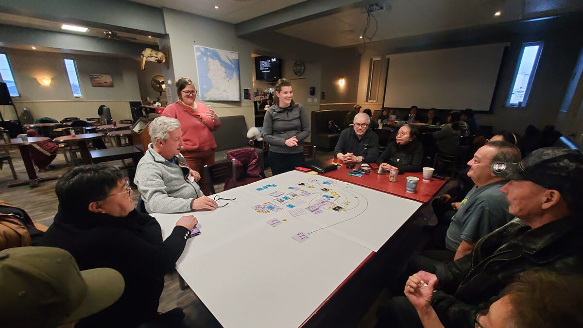 Samanth Farquhar, standing at center, discusses developing a commercial shrimping operation with residents of Quaqtaq, Quebec, Canada, in November 2023. Photo: Sonagnon Olivier Tokpanou