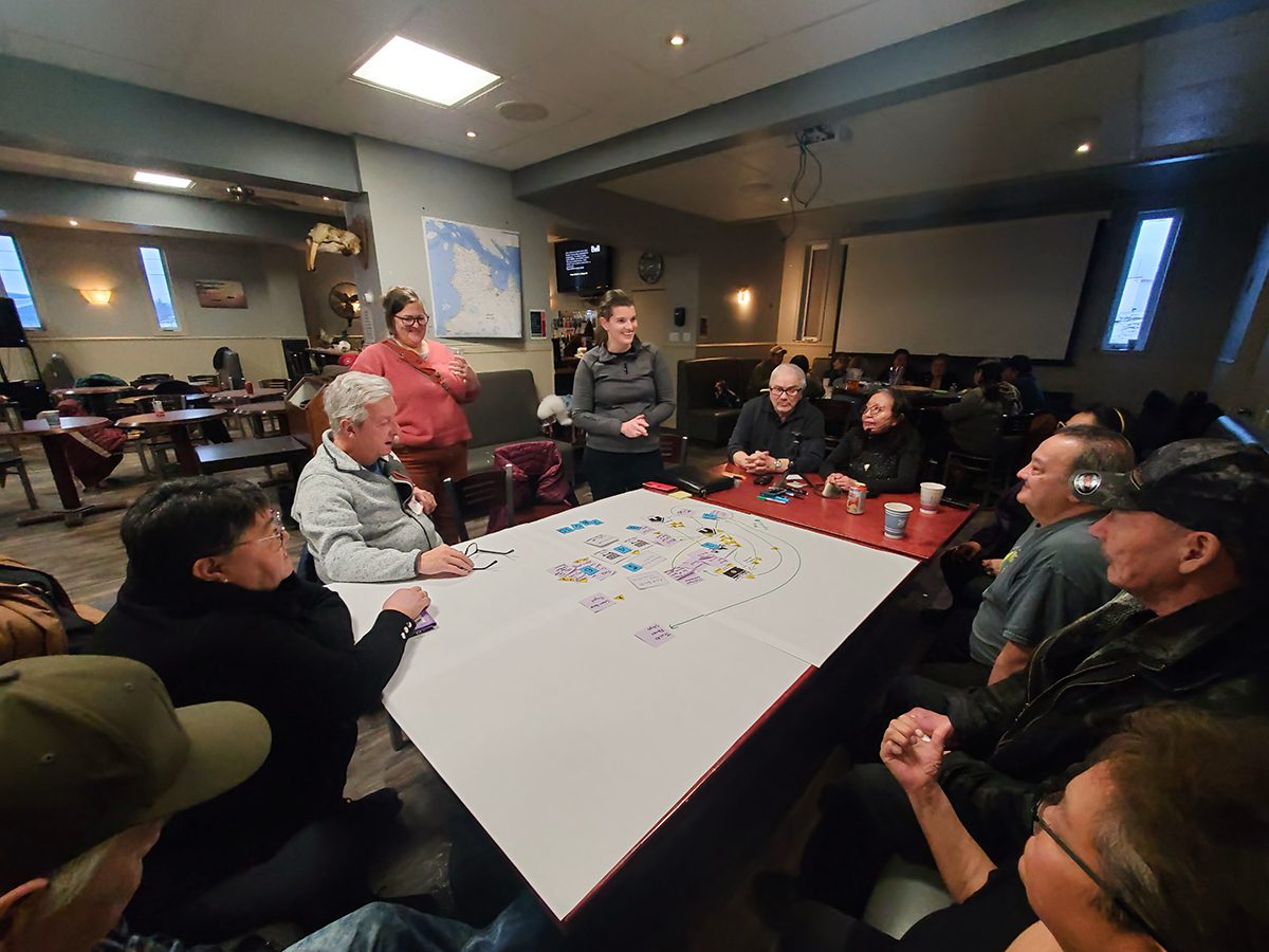 Samantha Farquhar, standing at center, discusses developing a commercial shrimping operation with residents of Quaqtaq, Quebec, Canada, in November 2023. Photo: Sonagnon Olivier Tokpanou