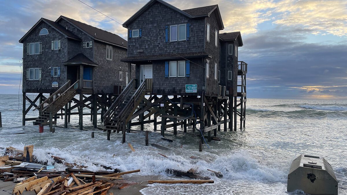 Debris associated with house collapse at 23001 G A Kohler Court in Buxton Sept. 20, 2024. Coastal communities like Buxton are already experiencing sea level rise. Photo: National Park Service